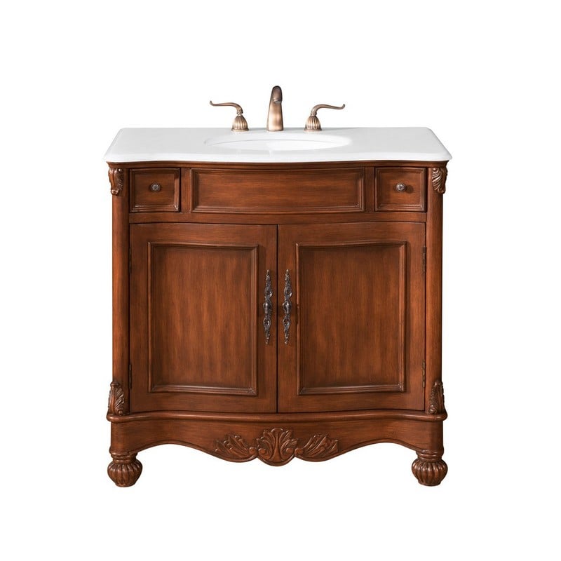 ELEGANT FURNITURE LIGHTING VF-1047-VW WINDSOR 36 INCH FREE-STANDING SINGLE BOWL BATHROOM VANITY IN BROWN WITH WHITE QUARTZ TOP