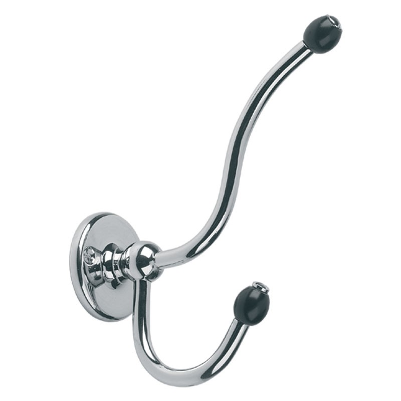 LEFROY BROOKS BK-4511 CLASSIC 2 INCH WALL MOUNT DOUBLE ROBE HOOK WITH BLACK CERAMIC ACORNS
