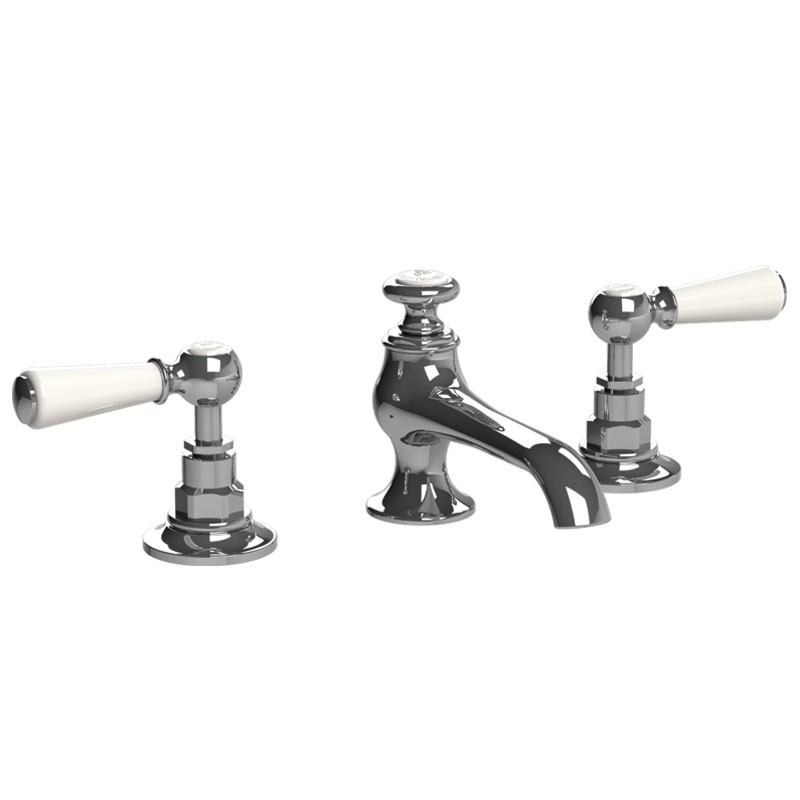 LEFROY BROOKS CW-1105 CLASSIC 4 1/8 INCH THREE HOLES DECK MOUNT CONNAUGHT BASIN MIXER WITH POP-UP WASTE AND WHITE LEVER HANDLES