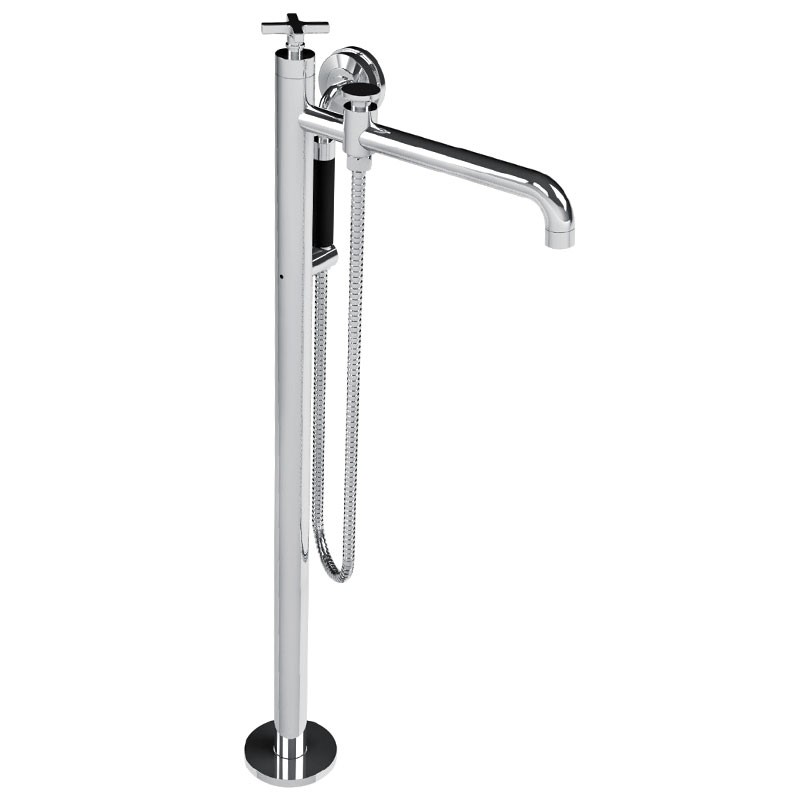 LEFROY BROOKS M2-2300 FLEETWOOD 34 5/8 INCH SINGLE HOLE FLOOR MOUNT TUB FILLER WITH BLACK HANDSHOWER AND CROSS HANDLE