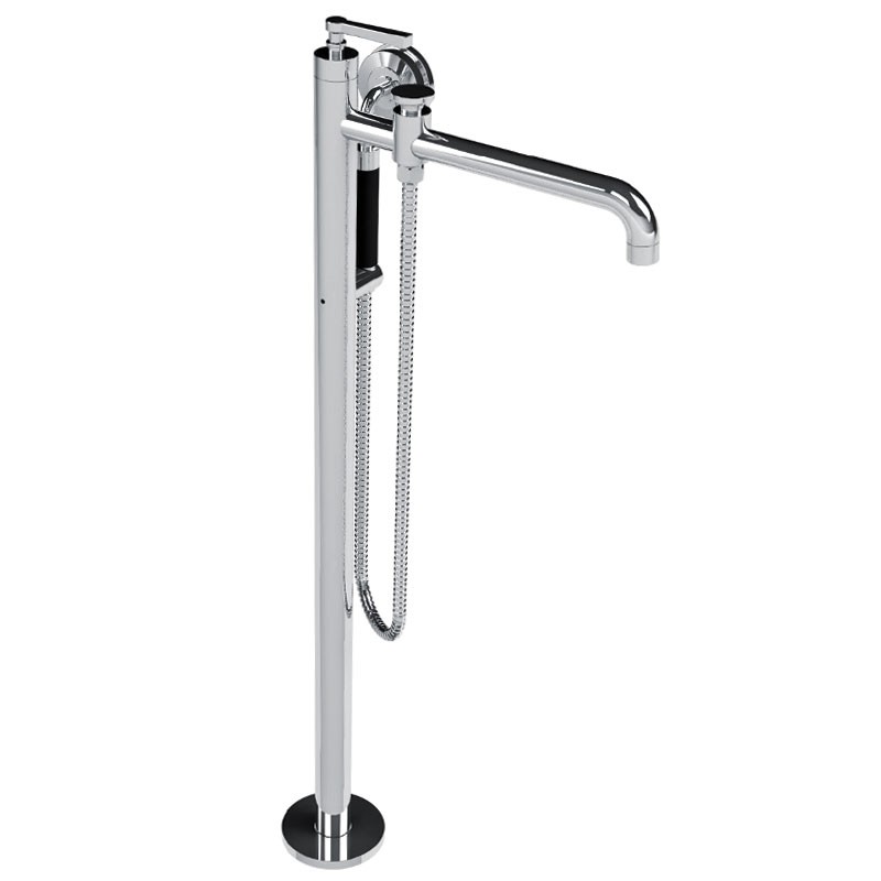 LEFROY BROOKS M2-2301 FLEETWOOD 34 5/8 INCH SINGLE HOLE FLOOR MOUNT TUB FILLER WITH BLACK HANDSHOWER AND LEVER HANDLE