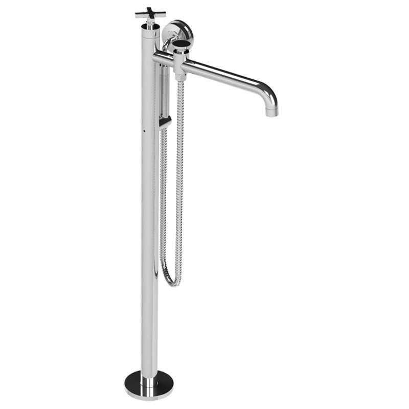 LEFROY BROOKS M2-2303 FLEETWOOD 34 5/8 INCH SINGLE HOLE FLOOR MOUNT TUB FILLER WITH METAL HANDSHOWER AND CROSS HANDLE