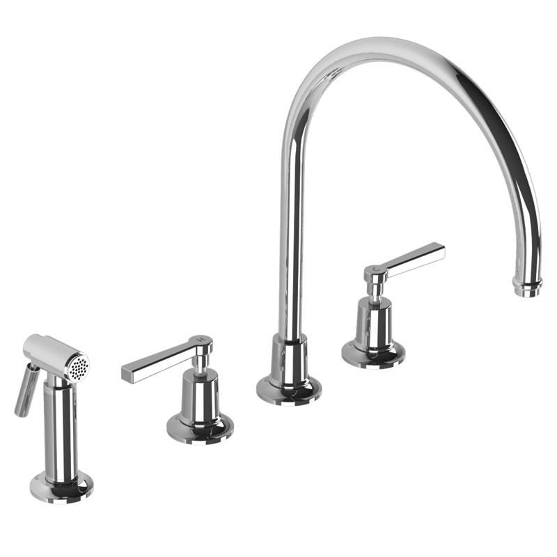LEFROY BROOKS M2-4708 FLEETWOOD 13 5/8 INCH FOUR HOLES DECK MOUNT KITCHEN MIXER WITH LEVER HANDLES AND METAL PULL-OUT HAND SPRAY