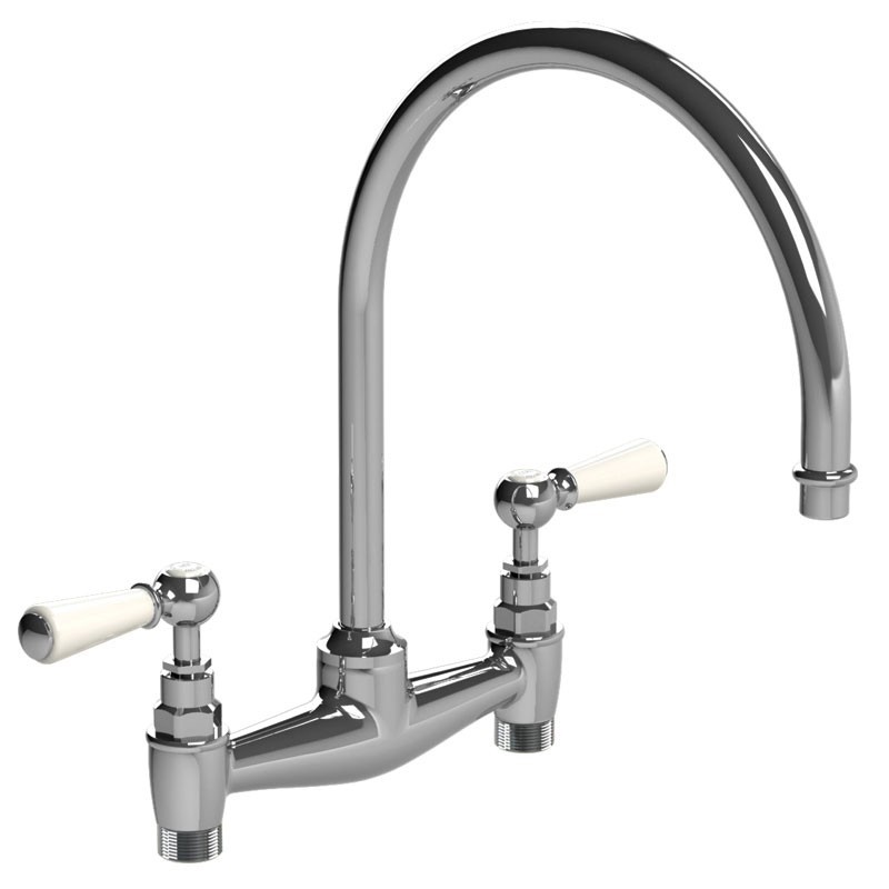 LEFROY BROOKS WL-1517 CLASSIC 13 1/2 INCH TWO HOLES DECK MOUNT KITCHEN BRIDGE MIXER WITH WHITE LEVER HANDLES
