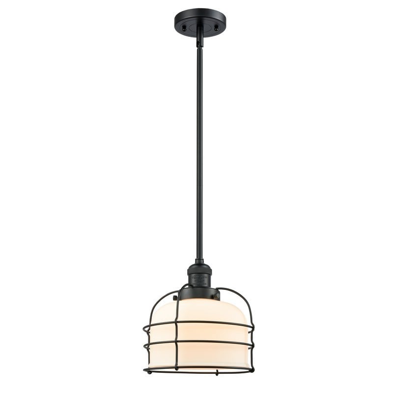 INNOVATIONS LIGHTING 201S-BK-G71-CE FRANKLIN RESTORATION LARGE BELL CAGE 9 INCH ONE LIGHT MATTE WHITE CASED GLASS MINI PENDANT - MATTE BLACK