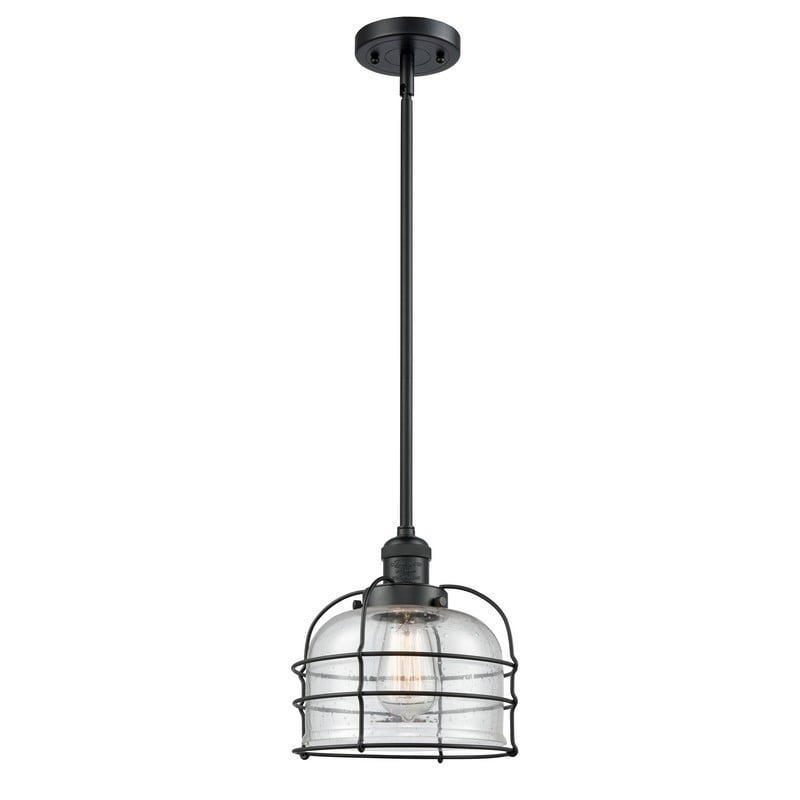 INNOVATIONS LIGHTING 201S-BK-G74-CE FRANKLIN RESTORATION LARGE BELL CAGE 9 INCH ONE LIGHT SEEDY GLASS MINI PENDANT - MATTE BLACK