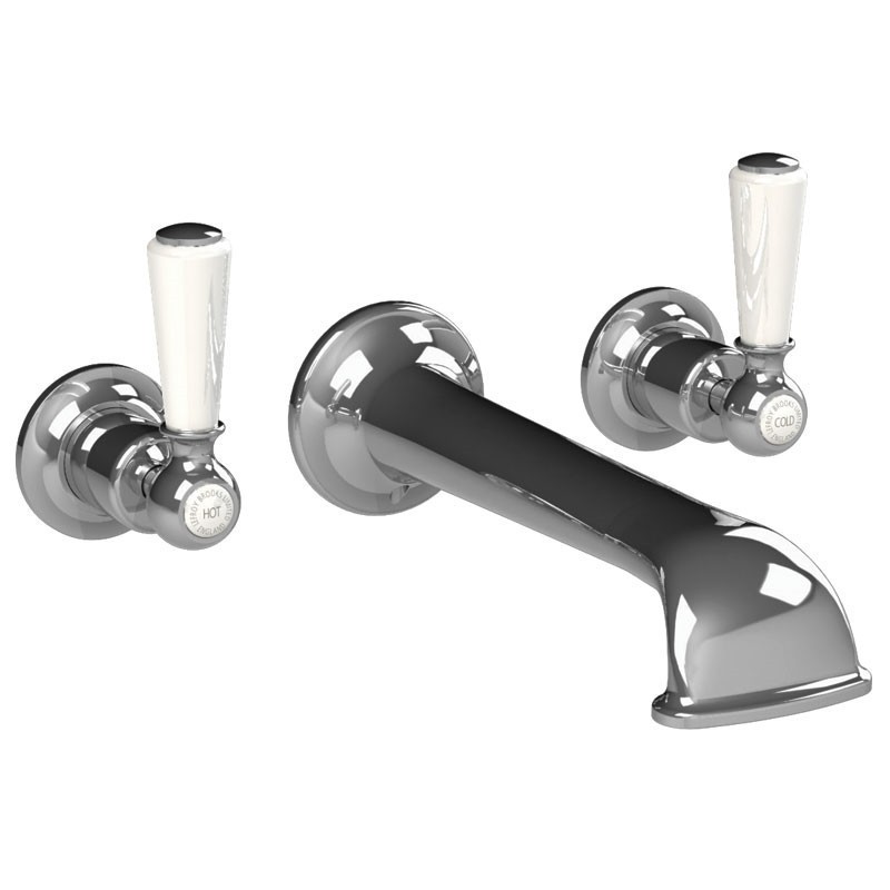 LEFROY BROOKS CW-2401 CLASSIC 2 3/4 INCH THREE HOLES WALL MOUNT TUB FILLER WITH WHITE LEVER HANDLES