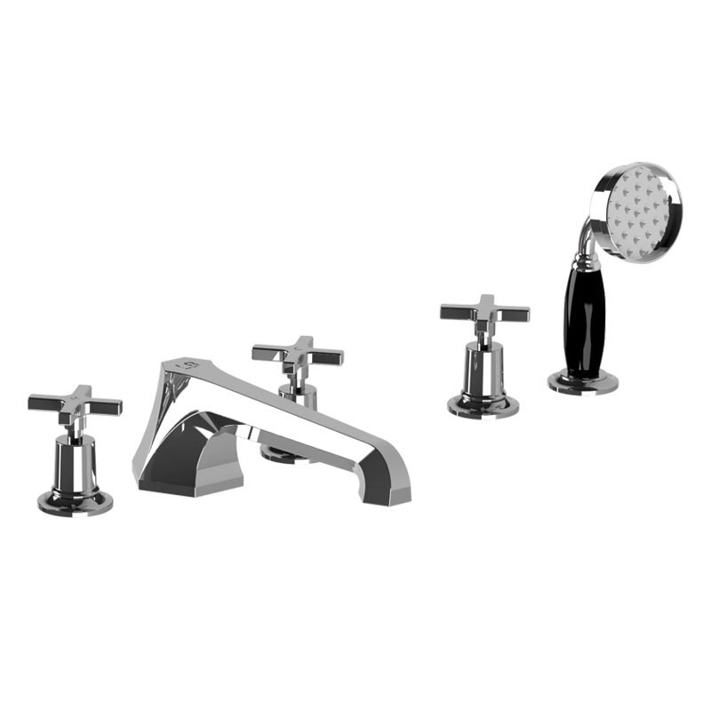 LEFROY BROOKS M1-2200 MACKINTOSH 3 1/2 INCH FIVE HOLES DECK MOUNT TUB FILLER WITH PULL-OUT BLACK HANDSHOWER AND CROSS HANDLES