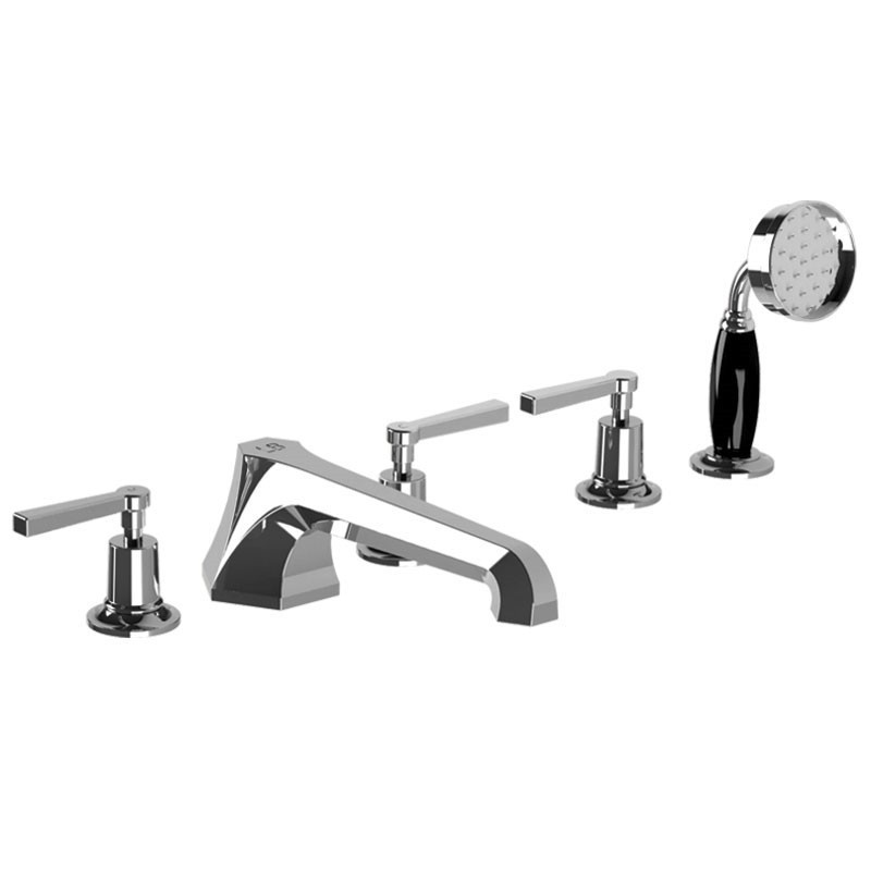 LEFROY BROOKS M1-2201 MACKINTOSH 3 1/2 INCH FIVE HOLES DECK MOUNT TUB FILLER WITH PULL-OUT BLACK HANDSHOWER AND LEVER HANDLES