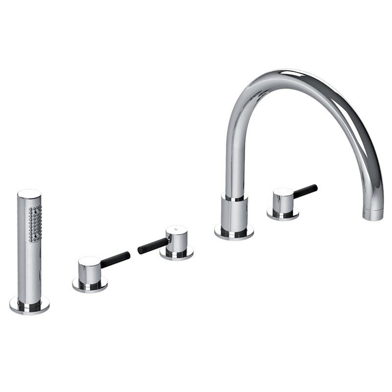 LEFROY BROOKS X1-1056 XO 11 3/4 INCH ZU FIVE HOLES DECK MOUNT TUB FILLER WITH PULL-OUT HANDSHOWER AND BLACK LEVER HANDLES