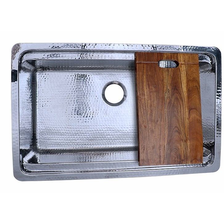 NANTUCKET SINKS KSSH-PS-3220 BRIGHTWORK COLLECTION 32 INCH HAND HAMMERED KITCHEN SINK WITH ACACIA WOOD CUTTING BOARD