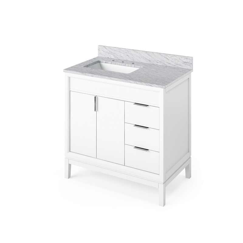 HARDWARE RESOURCES VKITTHE36WCR THEODORA 37 INCH FREESTANDING BATH VANITY WITH WHITE CARRARA MARBLE TOP AND UNDERMOUNT RECTANGLE BOWL