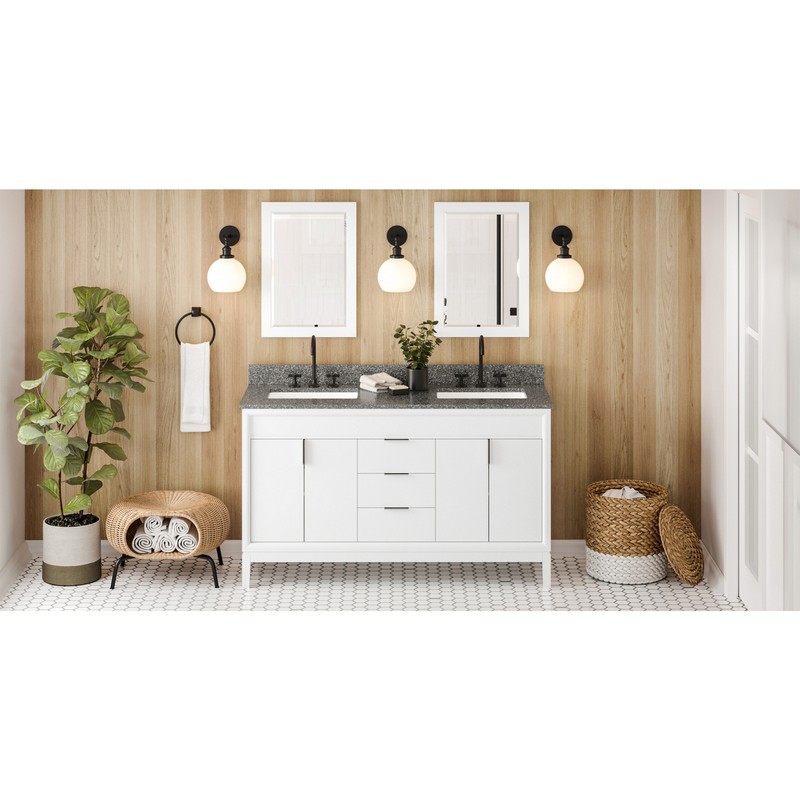 HARDWARE RESOURCES VKITTHE60BOR THEODORA 61 INCH FREESTANDING BATH VANITY WITH BOULDER CULTURED MARBLE TOP AND TWO UNDERMOUNT RECTANGLE BOWL