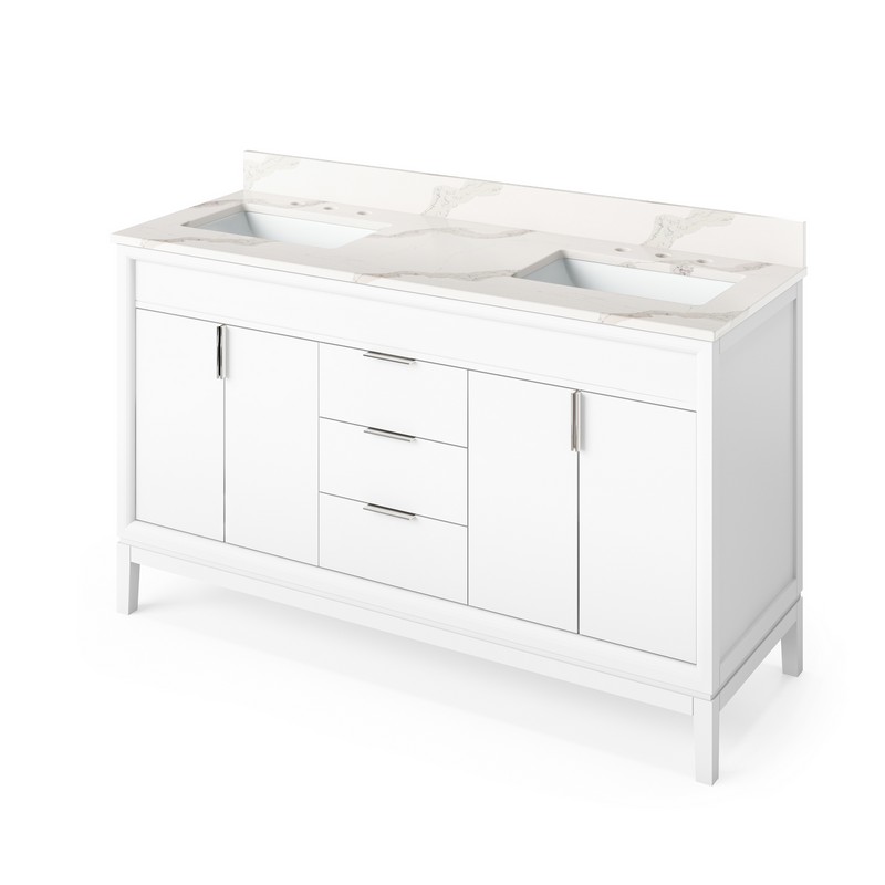 HARDWARE RESOURCES VKITTHE60CQR THEODORA 61 INCH FREESTANDING BATH VANITY WITH CALACATTA VIENNA QUARTZ TOP AND TWO UNDERMOUNT RECTANGLE BOWL