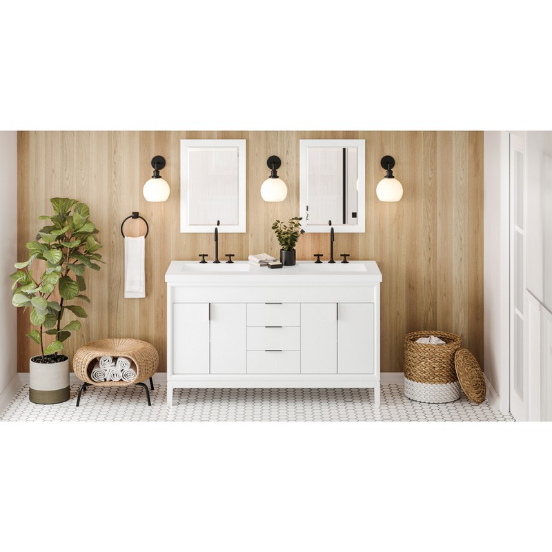 HARDWARE RESOURCES VKITTHE60LAR THEODORA 61 INCH FREESTANDING BATH VANITY WITH LAVANTE CULTURED MARBLE TOP AND DOUBLE INTEGRATED RECTANGLE BOWL