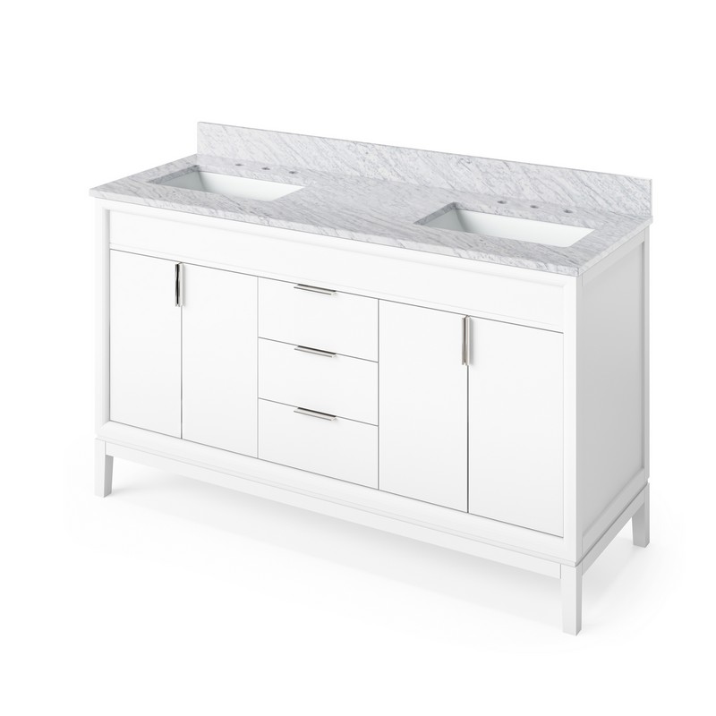 HARDWARE RESOURCES VKITTHE60WCR THEODORA 61 INCH FREESTANDING BATH VANITY WITH WHITE CARRARA MARBLE TOP AND TWO UNDERMOUNT RECTANGLE BOWL