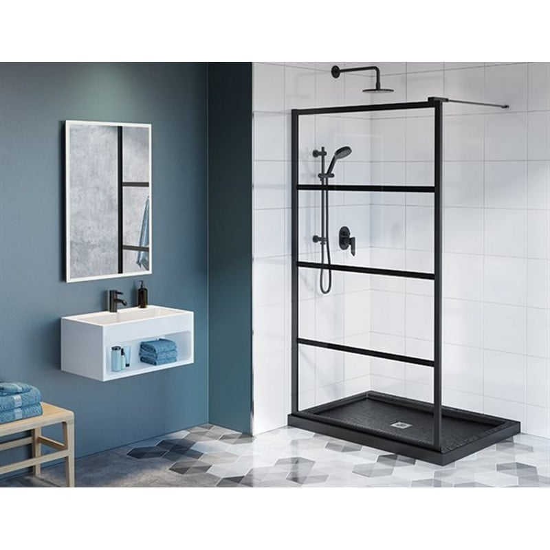 FLEURCO LAV28C-33-43-79 LATITUDE 28-29 W X 79 H INCH MATTE BLACK WALK-IN CORNER SHOWER SHIELD WITH 5/16 INCH CLEAR GLASS WITH BLACK SILK SCREEN