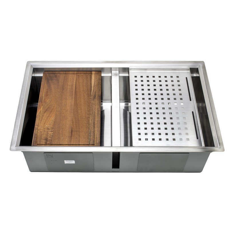 WELLS SINKWARE 3D 3219-99-1 3D SERIES PREP CENTER 32 INCH UNDERMOUNT 50-50 DOUBLE BOWL STAINLESS STEEL KITCHEN SINK WITH STAINLESS STEEL COLANDER AND RUBBER WOOD CUTTING BOARD