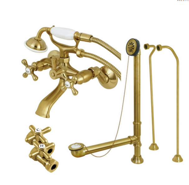 KINGSTON BRASS CCK265SBD VINTAGE WALL MOUNT CLAWFOOT FAUCET PACKAGE WITH SUPPLY LINE IN BRUSHED BRASS