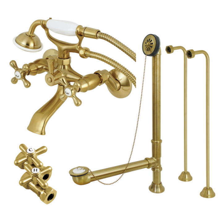 KINGSTON BRASS CCK265SB VINTAGE WALL MOUNT CLAWFOOT FAUCET PACKAGE IN BRUSHED BRASS