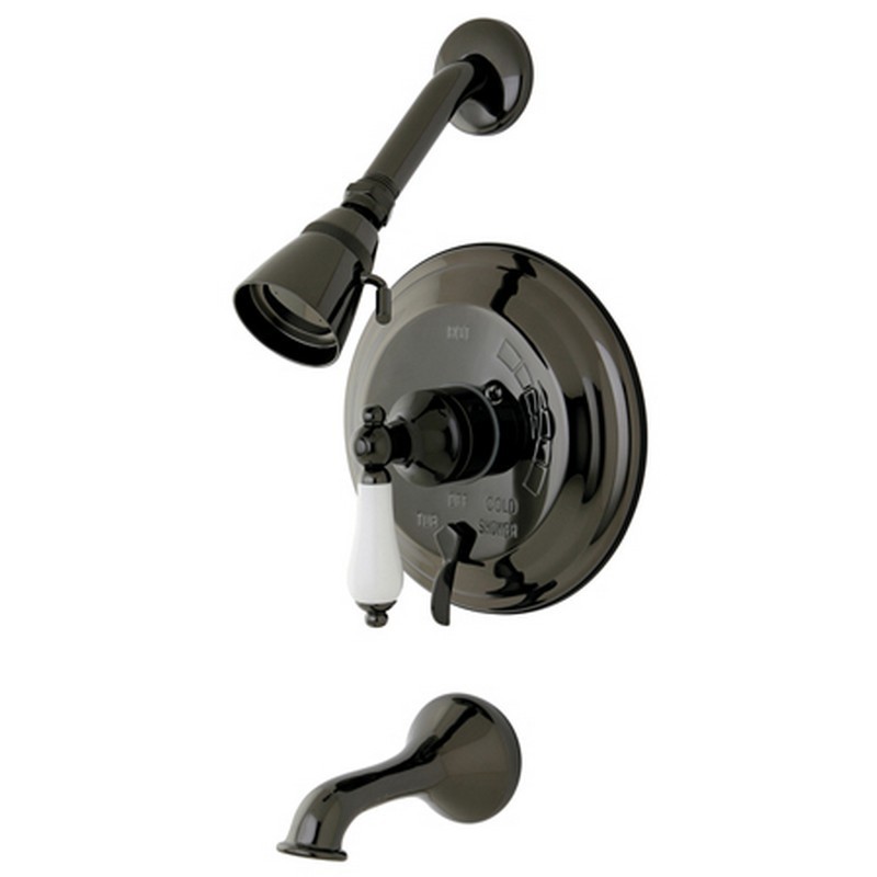KINGSTON BRASS NB36300PL WATER ONYX PRESSURE BALANCED TUB AND SHOWER FAUCET WITH PORCELAIN LEVER HANDLE AND VINTAGE SPOUT IN BLACK STAINLESS STEEL
