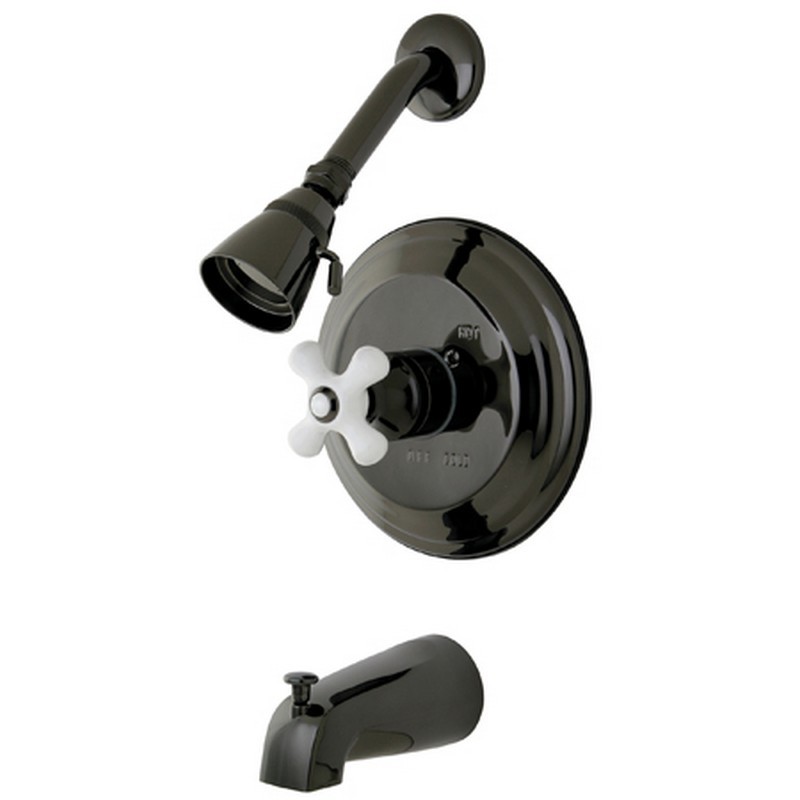 KINGSTON BRASS NB3630PX WATER ONYX PRESSURE BALANCED TUB AND SHOWER FAUCET WITH PORCELAIN CROSS HANDLE IN BLACK STAINLESS STEEL