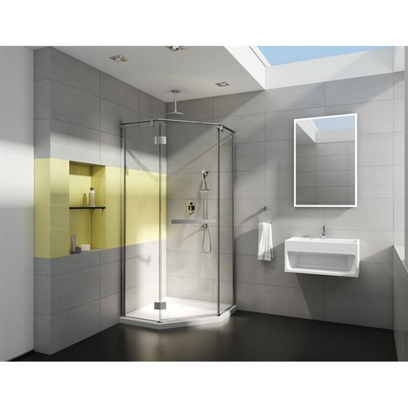 FLEURCO PJNA38-40 PURA NEO 38 W X 75 H INCH NEO-ANGLE PIVOT DOOR WITH GLASS TO GLASS HINGES AND 1/4 INCH CLEAR GLASS