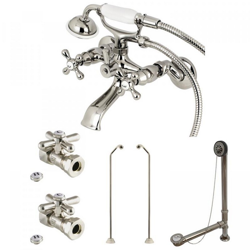 KINGSTON BRASS CCK265PND VINTAGE WALL MOUNT CLAWFOOT FAUCET PACKAGE WITH SUPPLY LINE IN POLISHED NICKEL