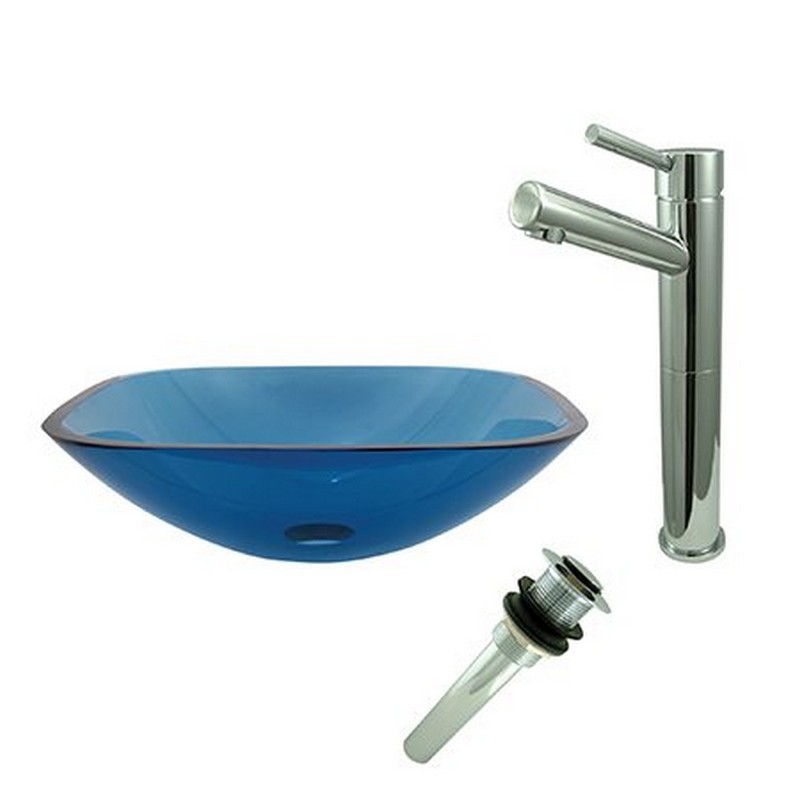 KINGSTON BRASS EVSQFB4S8411 SQUARE TEMPERED GLASS BLUE VESSEL SINK WITH FAUCET AND DRAIN COMBO IN TOPAZ BLUE