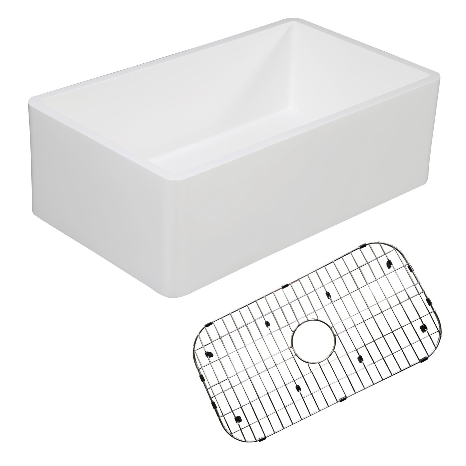 KINGSTON BRASS KGKFA301810BC GOURMETIER 30 INCH SOLID SURFACE MATTE STONE APRON FRONT FARMHOUSE SINGLE BOWL KITCHEN SINK WITH STRAINER AND GRID IN MATTE WHITE/BRUSHED