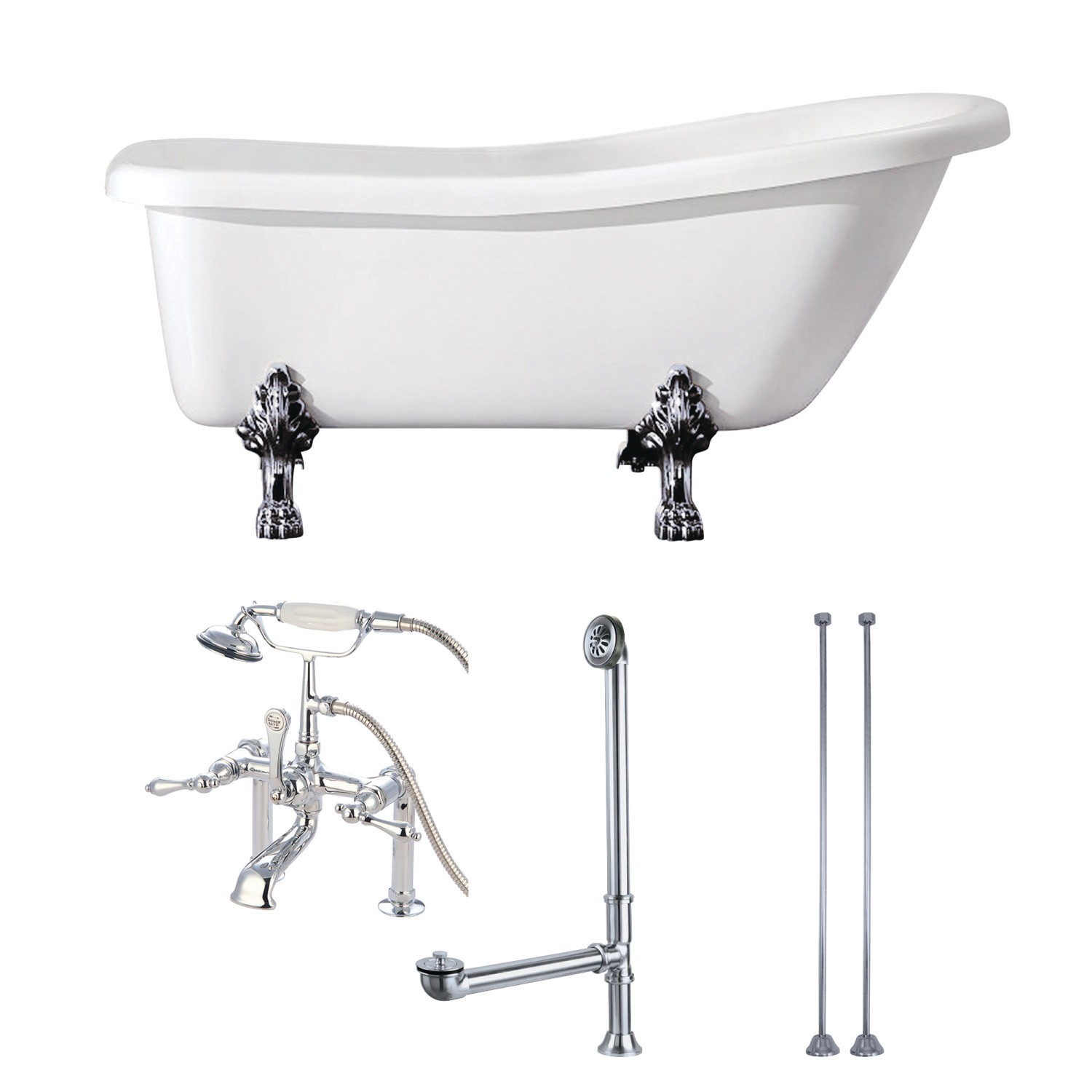 KINGSTON BRASS KVTDE692823C1 AQUA EDEN 67-INCH ACRYLIC CLAWFOOT TUB WITH FAUCET DRAIN AND SUPPLY LINES COMBO IN WHITE/POLISHED CHROME