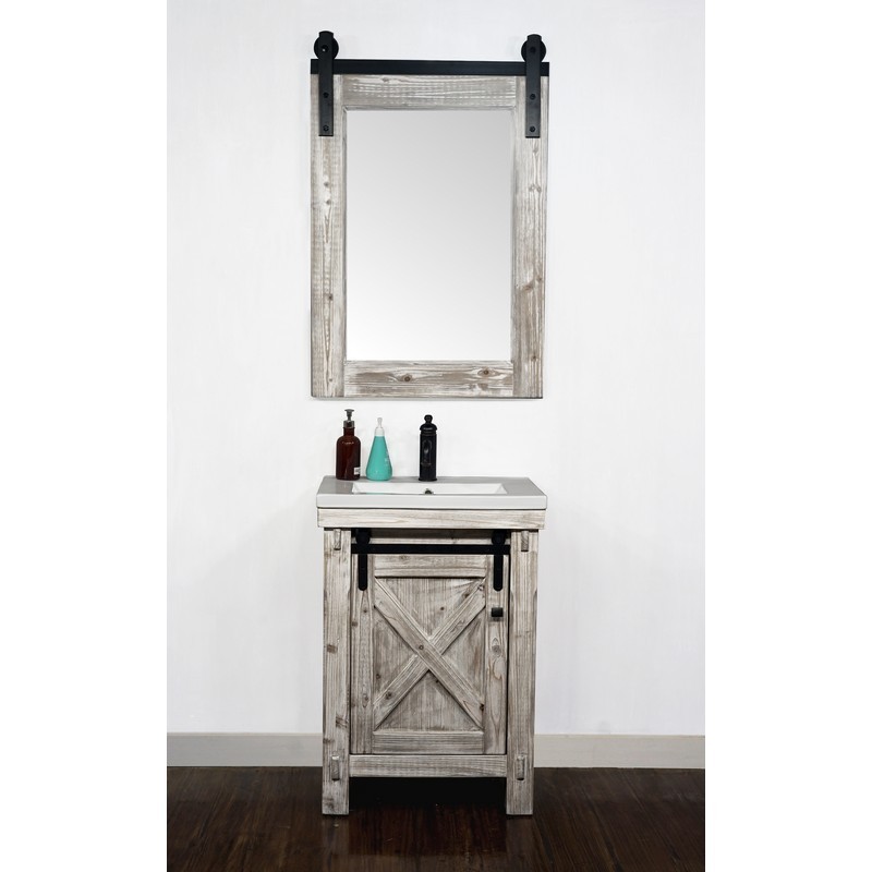 INFURNITURE WK8524-W 24 INCH RUSTIC SOLID FIR BARN DOOR STYLE VANITY IN WHITE WASH WITH CERAMIC SINGLE SINK-NO FAUCET IN WHITE WASH