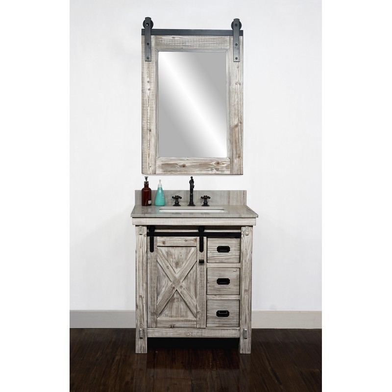 INFURNITURE WK8530-W+CS SQ TOP 30 INCH RUSTIC SOLID FIR BARN DOOR STYLE SINGLE SINK VANITY IN WHITE WASH WITH COASTAL SANDS MARBLE TOP WITH RECTANGULAR SINK-NO FAUCET IN WHITE WASH