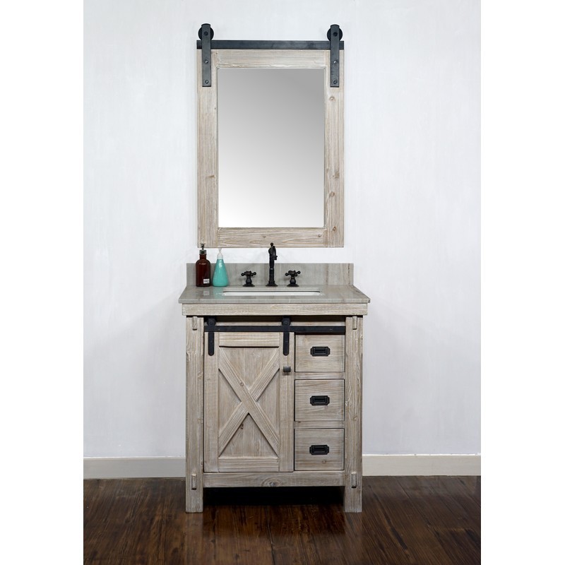 INFURNITURE WK8530+CS SQ TOP 30 INCH RUSTIC SOLID FIR BARN DOOR STYLE SINGLE SINK VANITY WITH COASTAL SANDS MARBLE TOP WITH RECTANGULAR SINK-NO FAUCET IN DRIFTWOOD