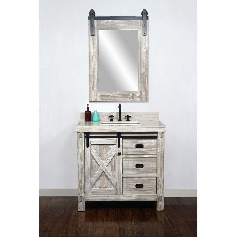 INFURNITURE WK8536-W+CS SQ TOP 36 INCH RUSTIC SOLID FIR BARN DOOR STYLE SINGLE SINK VANITY IN WHITE WASH WITH COASTAL SANDS MARBLE TOP WITH RECTANGULAR SINK-NO FAUCET IN WHITE WASH