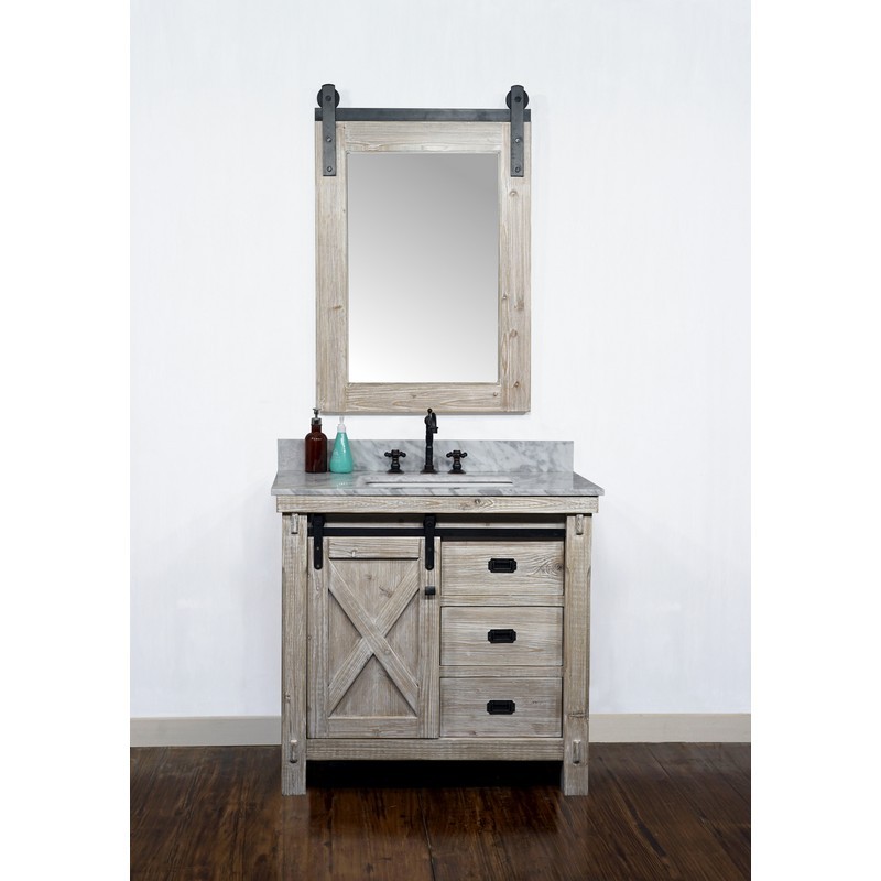 INFURNITURE WK8536+CW SQ TOP 36 INCH RUSTIC SOLID FIR BARN DOOR STYLE SINGLE SINK VANITY WITH CARRARA WHITE MARBLE TOP WITH RECTANGULAR SINK-NO FAUCET IN DRIFTWOOD