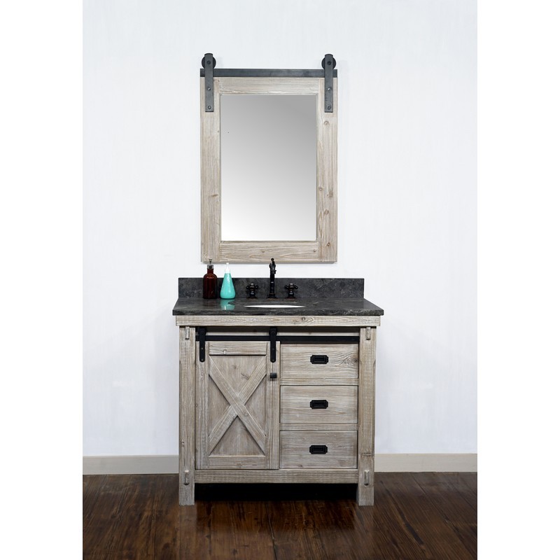 INFURNITURE WK8536+WK TOP 36 INCH RUSTIC SOLID FIR BARN DOOR STYLE SINGLE SINK VANITY WITH LIMESTONE TOP(OVAL SINK)-NO FAUCET IN DRIFTWOOD