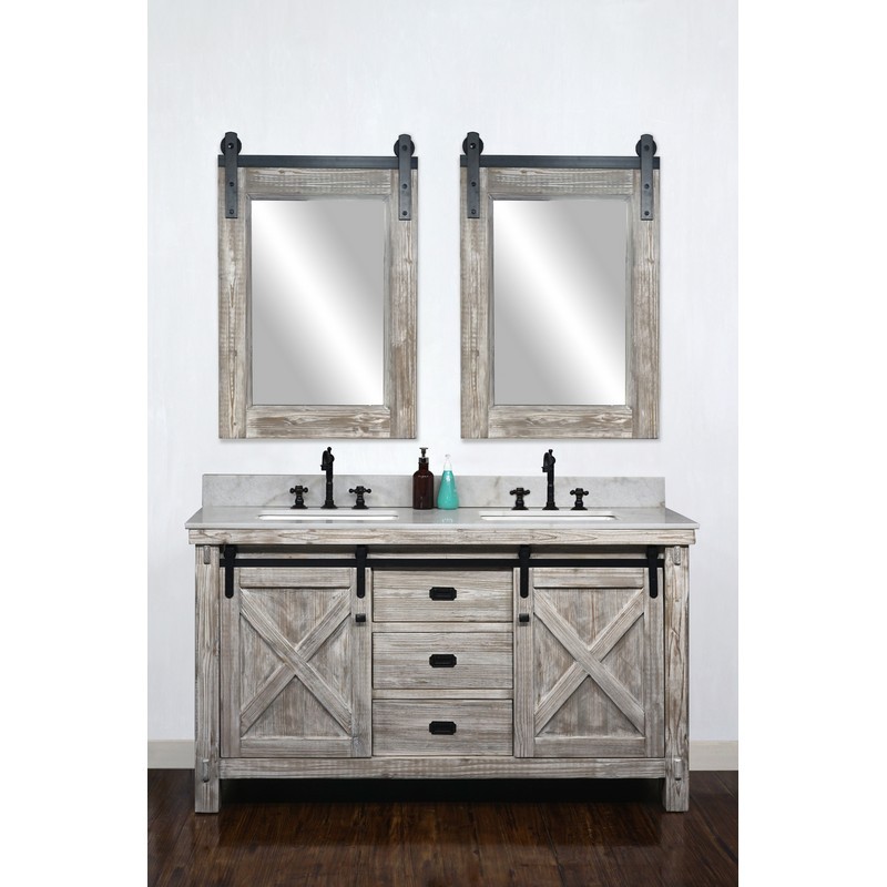 INFURNITURE WK8560-W+AP TOP 60 INCH RUSTIC SOLID FIR BARN DOOR STYLE DOUBLE SINKS VANITY IN WHITE WASH WITH ARCTIC PEARL QUARTZ MARBLE TOP-NO FAUCET IN WHITE WASH