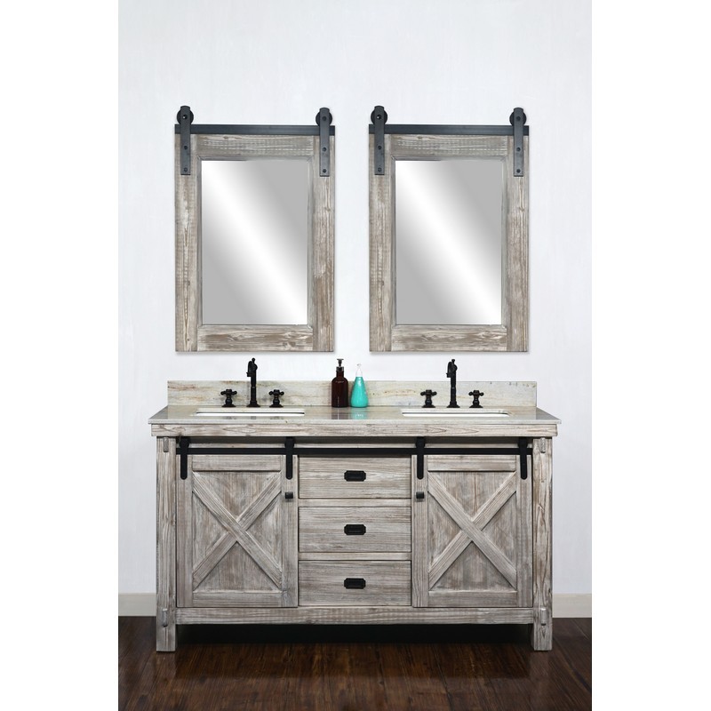 INFURNITURE WK8560-W+CS SQ TOP 60 INCH RUSTIC SOLID FIR BARN DOOR STYLE DOUBLE SINKS VANITY IN WHITE WASH WITH COASTAL SANDS MARBLE TOP WITH RECTANGULAR SINK-NO FAUCET IN WHITE WASH