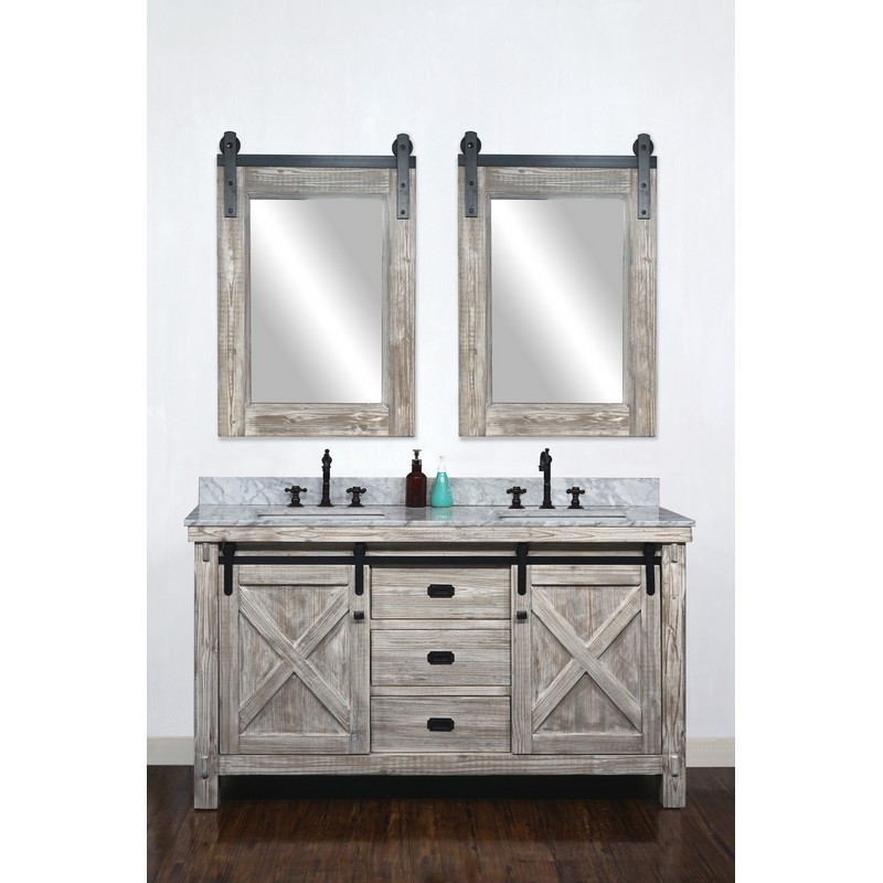 INFURNITURE WK8560-W+CW SQ TOP 60 INCH RUSTIC SOLID FIR BARN DOOR STYLE DOUBLE SINKS VANITY IN WHITE WASH WITH CARRARA WHITE MARBLE TOP WITH RECTANGULAR SINK-NO FAUCET IN WHITE WASH