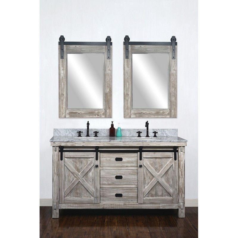 INFURNITURE WK8560-W+CW TOP 60 INCH RUSTIC SOLID FIR BARN DOOR STYLE DOUBLE SINKS VANITY IN WHITE WASH WITH CARRARA WHITE MARBLE TOP-NO FAUCET IN WHITE WASH