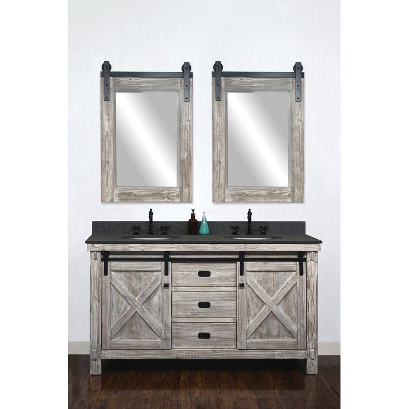 INFURNITURE WK8560-W+MG TOP 60 INCH RUSTIC SOLID FIR BARN DOOR STYLE DOUBLE SINKS VANITY IN WHITE WASH WITH RUSTIC STYLE POLISHED TEXTURED SURFACE GRANITE TOP IN MATTE GREY-NO FAUCET IN WHITE WASH