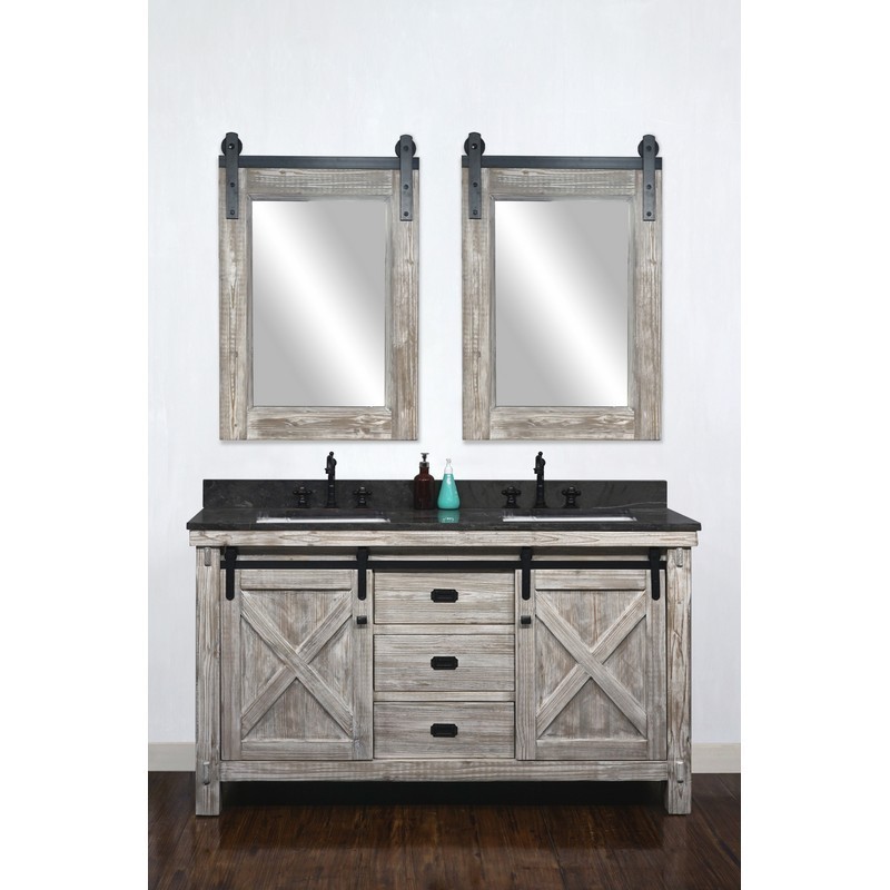 INFURNITURE WK8560-W+WK SQ TOP 60 INCH RUSTIC SOLID FIR BARN DOOR STYLE DOUBLE SINKS VANITY IN WHITE WASH WITH LIMESTONE TOP WITH RECTANGULAR SINK-NO FAUCET IN WHITE WASH