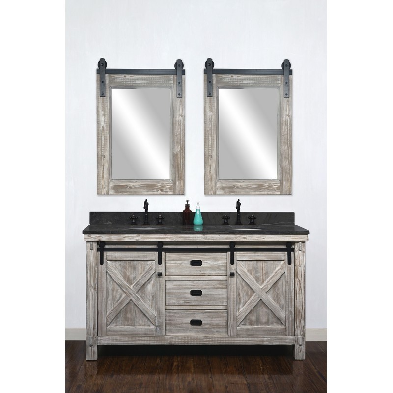 INFURNITURE WK8560-W+WK TOP 60 INCH RUSTIC SOLID FIR BARN DOOR STYLE DOUBLE SINKS VANITY IN WHITE WASH WITH LIMESTONE TOP(OVAL SINK)-NO FAUCET IN WHITE WASH