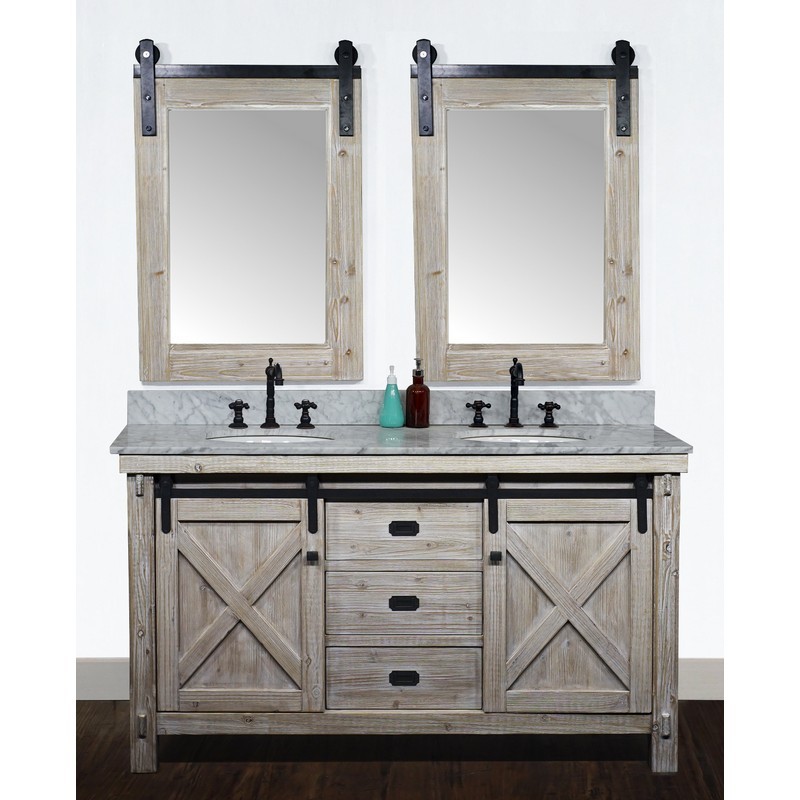 INFURNITURE WK8560+CW TOP 60 INCH RUSTIC SOLID FIR BARN DOOR STYLE DOUBLE SINKS VANITY WITH CARRARA WHITE MARBLE TOP-NO FAUCET IN DRIFTWOOD
