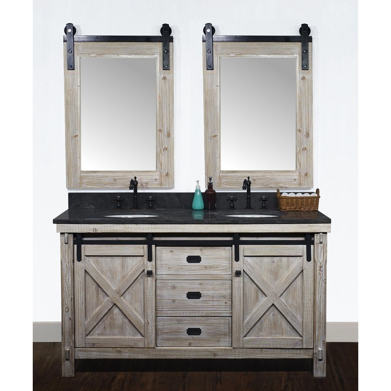 Infurniture Wk8560 Wk Top 60 Inch Rustic Solid Fir Barn Door Style Double Sinks Vanity With Limestone Oval - Double Sink Farmhouse Bathroom Vanity