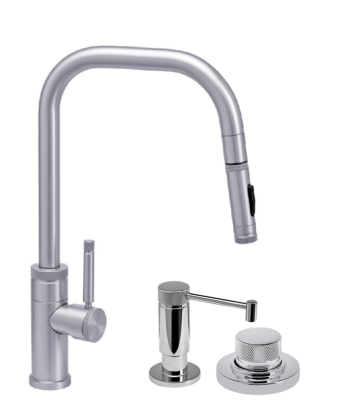 WATERSTONE FAUCETS 10220-3 FULTON 16 1/8 INCH INDUSTRIAL TOGGLE SPRAYER ANGLED SPOUT PLP PULLDOWN FAUCET WITH SOAP DISPENSER AND AIR SWITCH