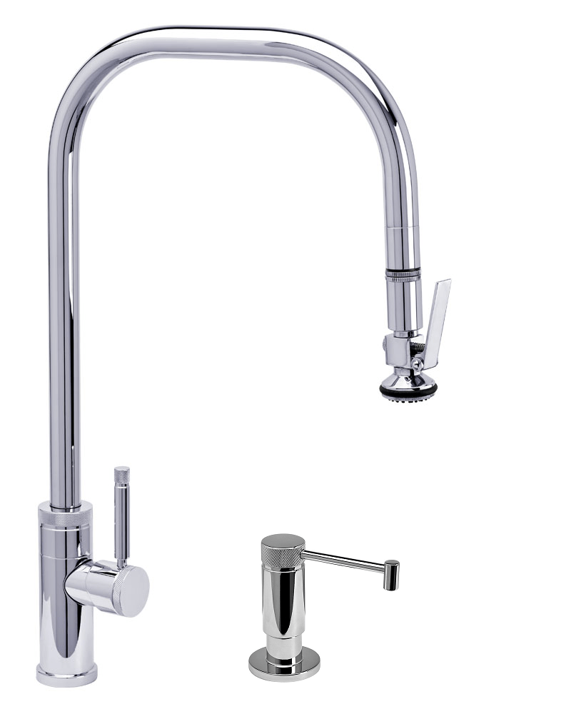 WATERSTONE FAUCETS 10250-2 FULTON 20 1/4 INCH INDUSTRIAL EXTENDED REACH LEVER SPRAYER PLP PULLDOWN FAUCET WITH SOAP DISPENSER