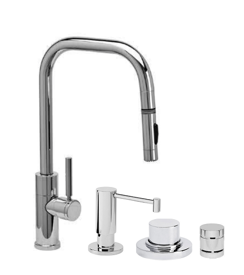 WATERSTONE FAUCETS 10320-4 FULTON 16 1/8 INCH MODERN TOGGLE SPRAYER ANGLED SPOUT PLP PULLDOWN FAUCET WITH SOAP DISPENSER, AIR SWITCH AND SINGLE PORT AIR GAP