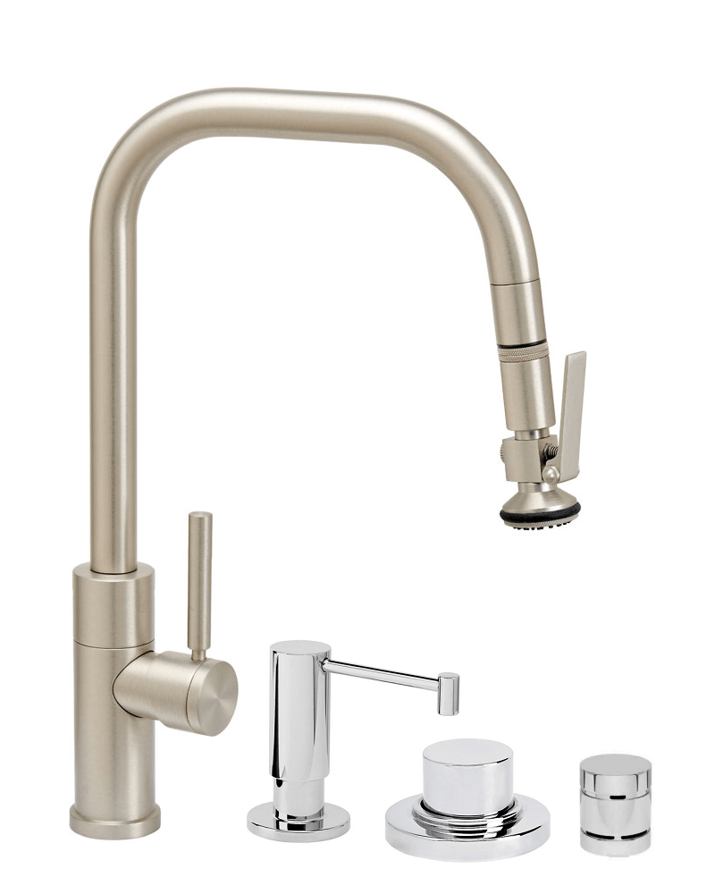 WATERSTONE FAUCETS 10370-4 FULTON 16 1/8 INCH MODERN ANGLED SPOUT LEVER SPRAYER PLP PULLDOWN FAUCET WITH SOAP DISPENSER, AIR SWITCH AND SINGLE PORT AIR GAP